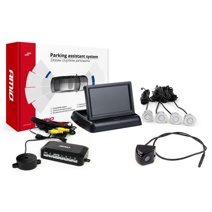 Set senzor de parcare AMiO TFT02 4,3" cu camera HD-310, 4 senzori, argintiu
