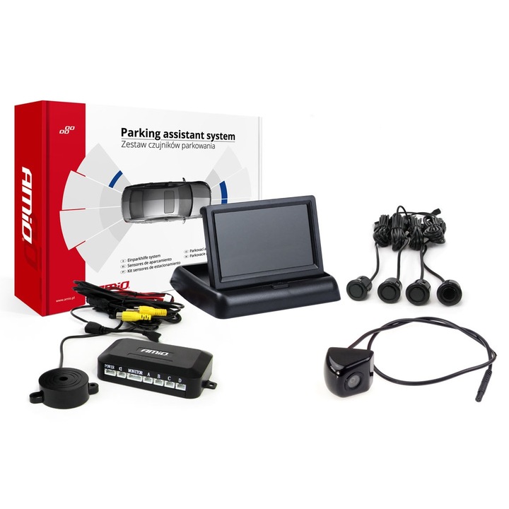 AMiO TFT02 4,3" parkolószenzor szett HD-310 kamerával, 4 szenzor, fekete