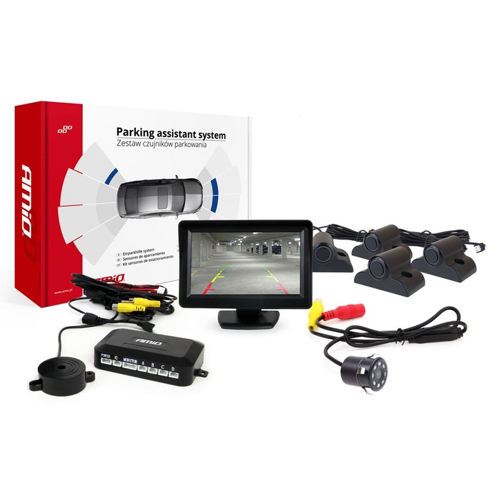 AMiO TFT01 4,3" parkoló szenzor szett HD-307-IR kamerával, 4 szenzorral, fekete