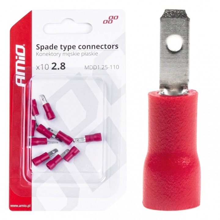 Conectori izolati tata plate, AMiO, 10A, 3.8mm, set 10 bucati, rosu, 0.5-1.5mm2