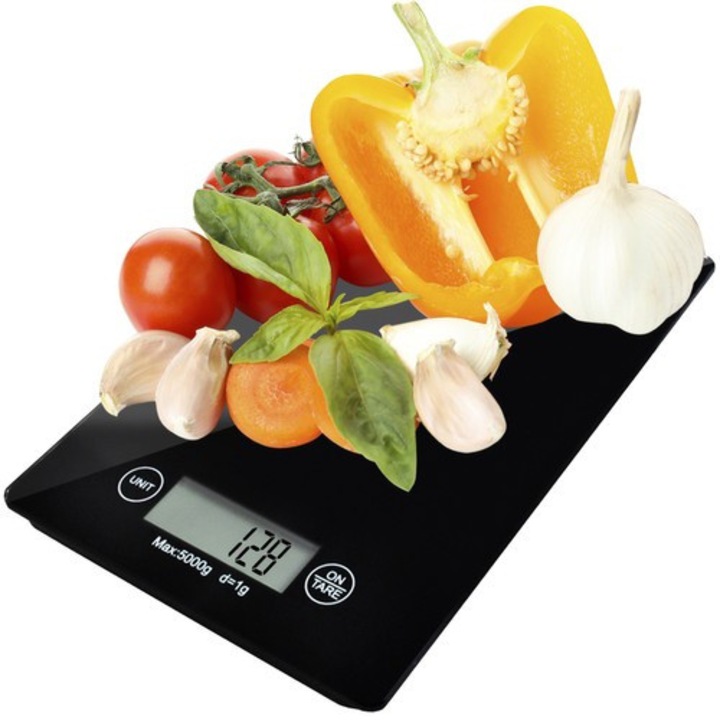 Cantar electronic de bucatarie, sticla securizata, 5 kg, 1 g, functie TARA, ecran LCD, alimentare 2 x AAA, Negru