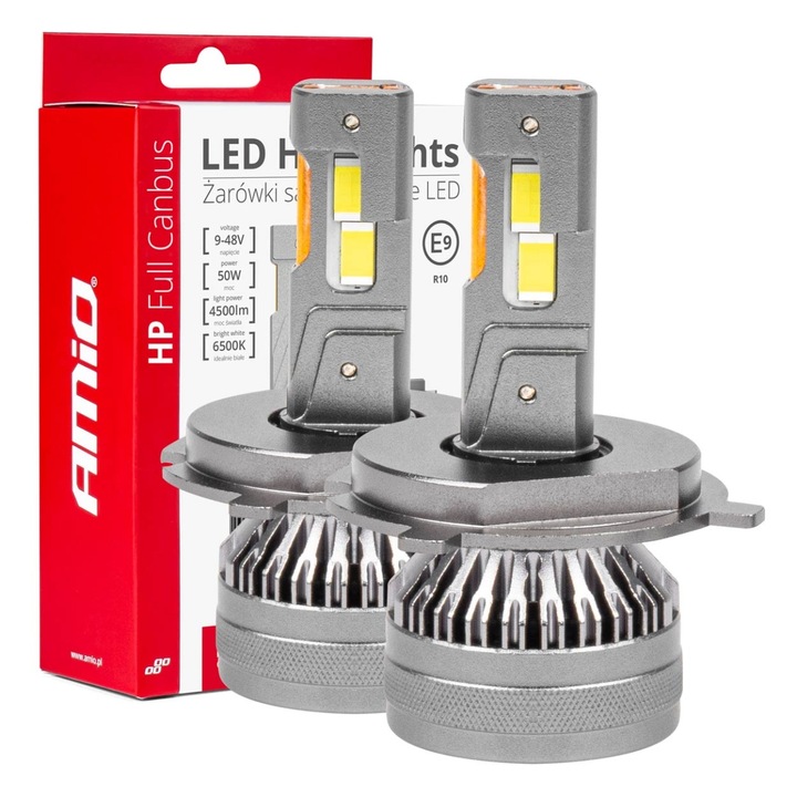 Becuri LED H4/H19 AMiO seria HP Full Canbus, 6500K, 50W, 4500 lm, set 2 bucati