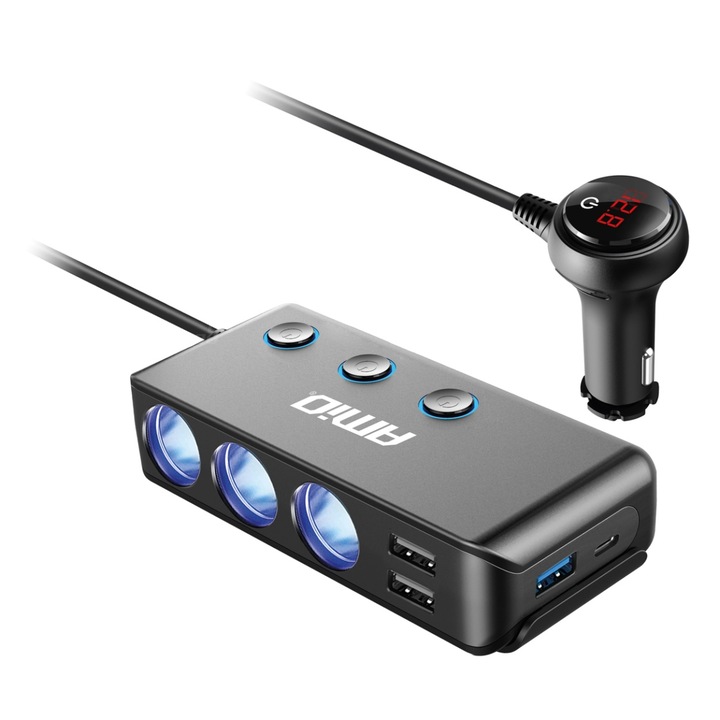 Autós elosztó 3 USB és USB-C porttal, voltmérővel, 120W, 12V/24V, komplett készlet