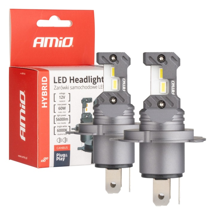Комплект LED автомобилни крушки H4 H19 6000K 60W AMIO, Canbus, 5600LM