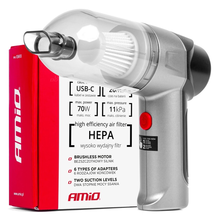 AMiO 70W vezeték nélküli autós porszívó HEPA szűrővel, 6 tartozékkal, 4000mAh
