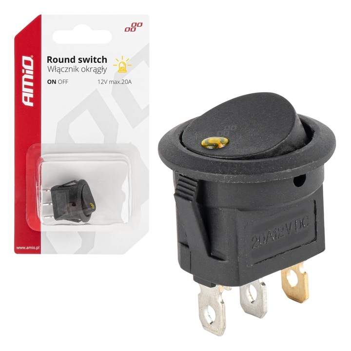 Intrerupator rotund 12V 20A cu iluminare galbena, AMiO, design elegant, montaj simplu