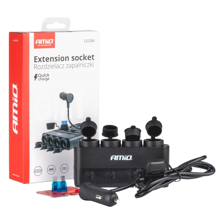 Splitter priza bricheta AMiO, incarcare rapida PD30W si QC3.0, 12/24V, max 216W