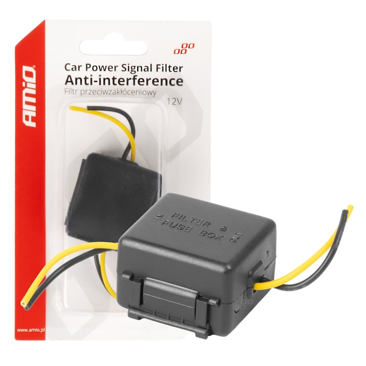 Filtru anti-zgomot auto cu siguranta sticla 12V, AMIO, compact, 15A, pentru radio, GPS, amplificatoare