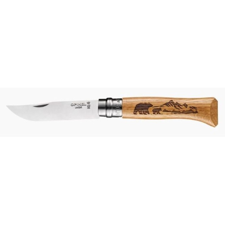 Cutit pliabil CARHARTT Opinel Animalia, lemn de stejar, lama inox, 85mm, greutate 44g