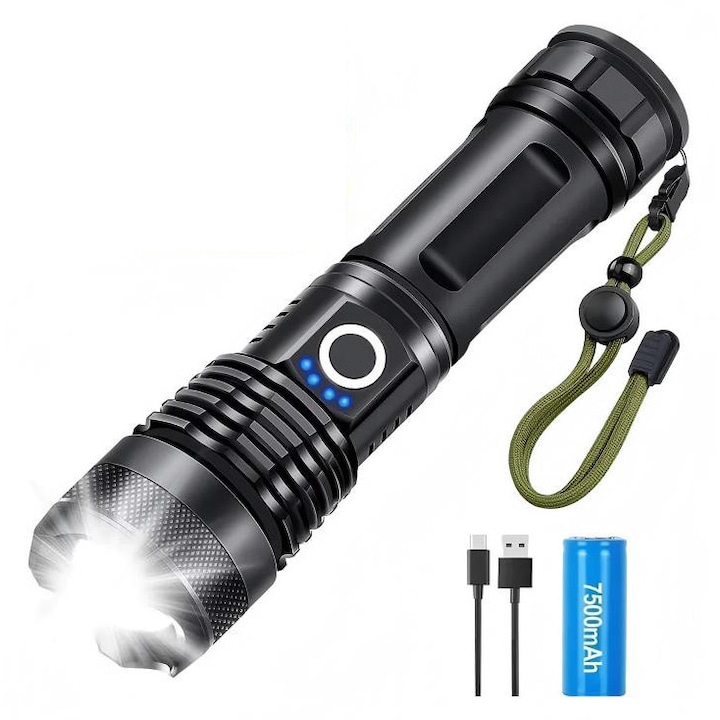 TaDool® SK1906 LED фенер, изработен от алуминий, XHP70.2 ултра ярък източник, професионален, регулируем фокус, включена батерия, водоустойчив, USB зареждане, непрекъсната употреба в продължение на 8 часа, 4500 лумена, 3 режима на осветление, черен