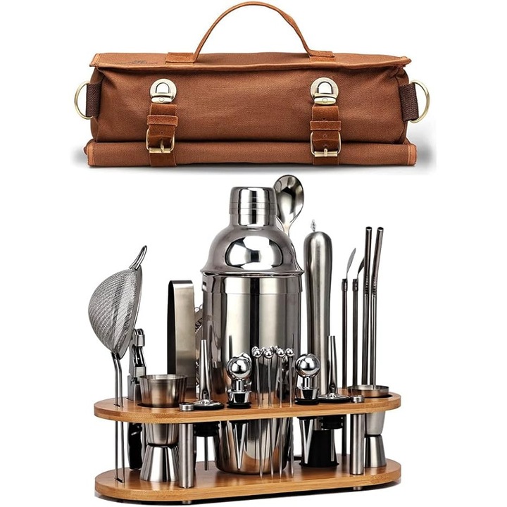 Set barman DUEBEL, 24 piese, geantă de transport, suport din bambus, inox 304