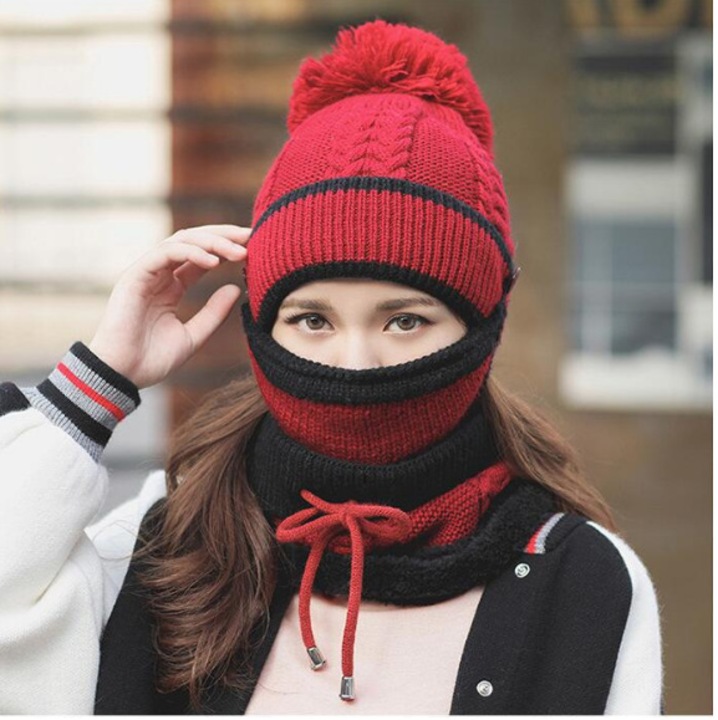 Set de iarna pentru femei, caciula tricotata cu pompon, fular si masca, burgundy, 3 piese