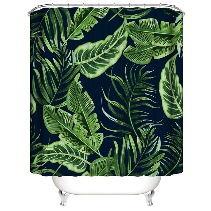 Suport de baie 180x200cm, imprimeu digital 3D, frunze verzi de bananier, impermeabil, cu 12 inele