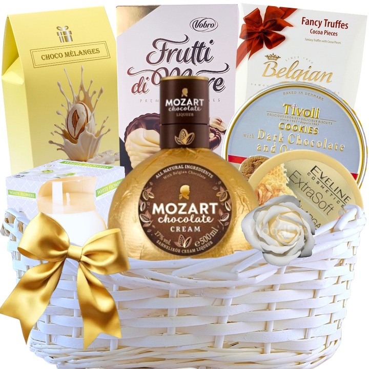 Set Cadou Elegant Amber White Harmony - Cos Cadou Deluxe cu Lichior Mozart, Trufe Belgiene, Praline, Crema Hidratanta, Lumanare Parfumata, Trandafir Alb si Ambalaj Festiv - Aniversare, Craciun, 8 Martie - by CADOURI RAFINATE®