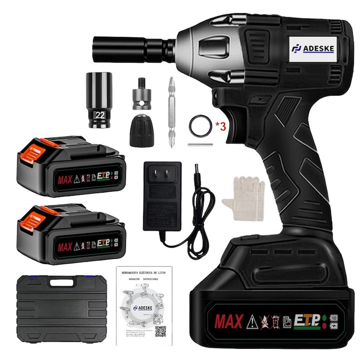 Masina de insurubat cu impact, Cheie impact fara perii ADESKE, set complet (aparat+2 baterii+ socketuri（22mm）*1+accesorii), cuplu mare, pentru auto/casa, Negru