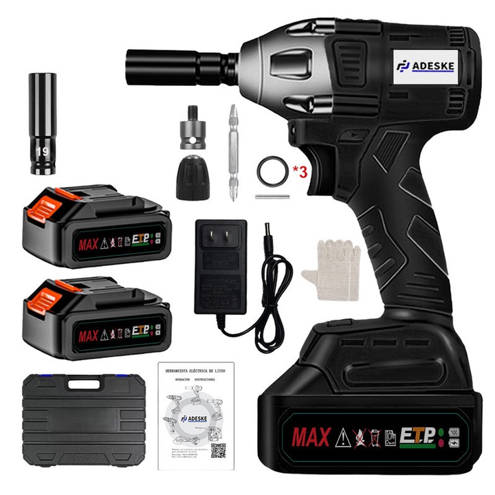 Машина за завинтване с удар, Безчетков ударен гайковерт ADESKE, пълен комплект (инструмент + 2 батерии + вложки (19мм)*1 + аксесоари), висок въртящ момент, за кола/дом, Черен, LED светлина, ергономична дръжка