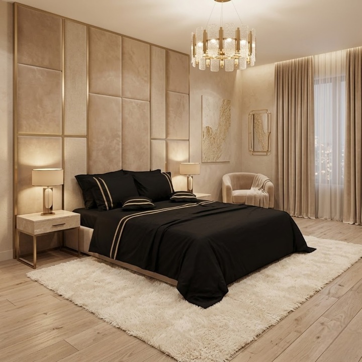 Lenjerie de pat neagra, 6 piese, 2 persoane, Casa Bumbac Textil by Edural, galon decorativ auriu, cearsaf 240 x 260 cm, 100% bumbac ranforce