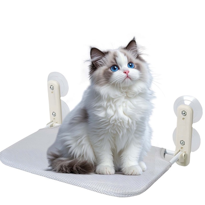 Висящо котешко легло, сгъваем дизайн, с 4 вендузи, лесно за монтаж, товароносимост 25 кг, закрепване към прозорец, дишащ материал, 53×30 см, сиво