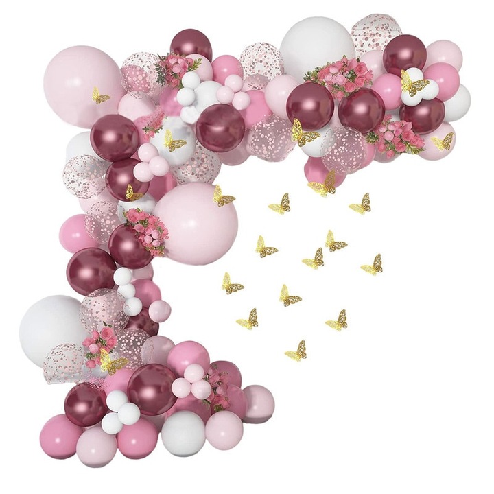 103 darabos lufi készlet ívhez, pillangó témájú, pillangó, születésnapok, minden kiegészítővel együtt, rózsaszín/fehér/arany