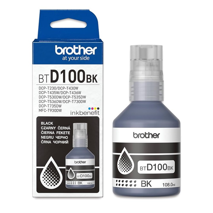 Cerneală Originală Brother BTD100BK, Neagră, 7500 Pagini, Design Practic