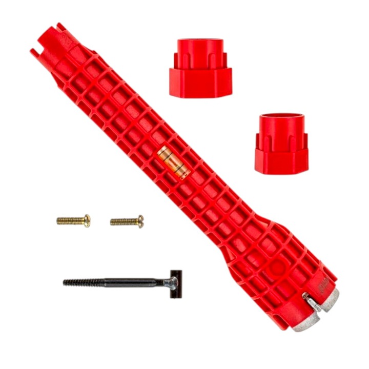 Cheie multifunctionala 8 in 1, pentru instalatii sanitare, chiuvete si robinete, plastic/otel, maner anti alunecare, lungime 25 cm, cu extractor rupere fir, diametrul orificiilor suprapunere 34/40 mm