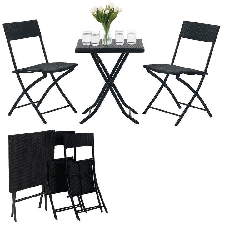Set mobilier gradina Extralink, 2 fotolii pliabile + masuta rotunda, negru, compact