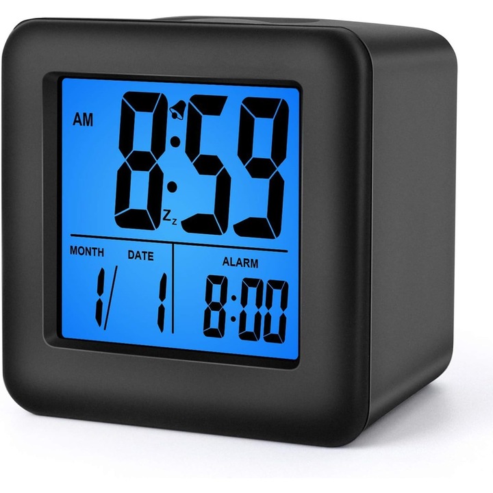 Digitális gyerek ébresztőóra, 3 hüvelykes LCD kijelző, fekete, 10x10x5cm