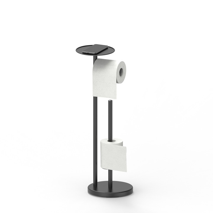 Suport de hartie igienica independent cu raft, si spatiu de depozitare, negru