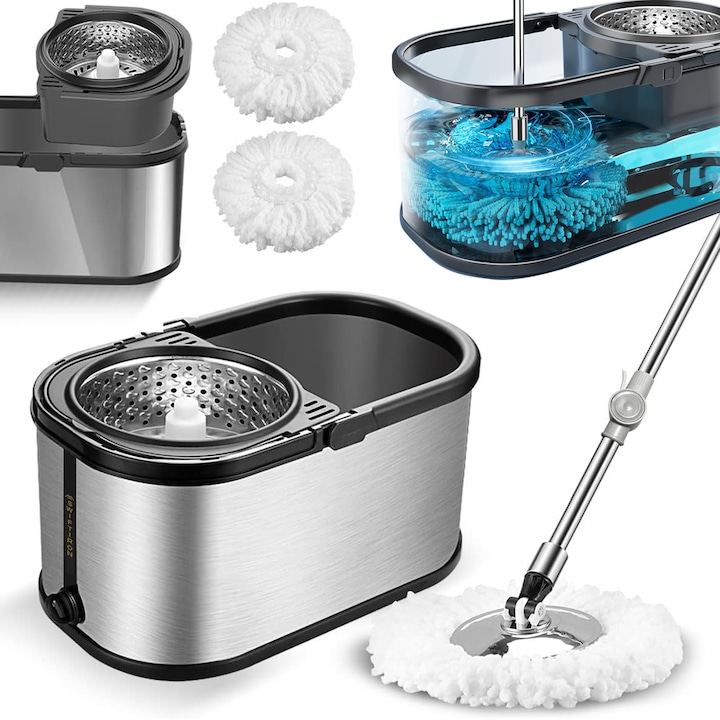 Комплект кофи за моп от неръждаема стомана с центрофуга, регулируем на 360° моп, с 2 микрофибърни глави, гланцово покритие и отвор за оттичане на вода, овална кофа, лесна за употреба, сива