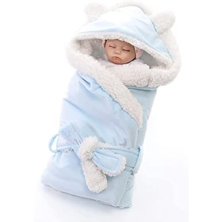 Одеяло за повиване за бебета, плюш, за новородени, меко и топло, за количка, синьо