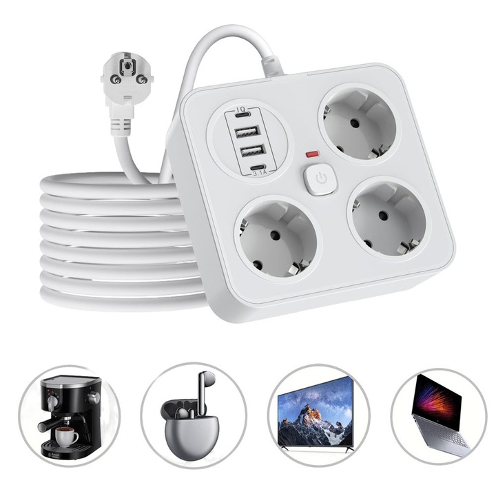 Удължителен кабел, Dussdote, 3250W, 3 гнезда, 2 USB-A, 2 USB-C, 2M, с държач за телефон, за офис, дом и пътуване, бял, 7 в 1 двоен контакт с ключ