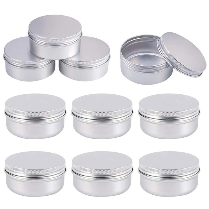 Комплект от 10 кръгли алуминиеви кутии с резбован капак, Axroad Mall, Малки кутии за съхранение, Преносими, Херметически затворени, Лесни за носене, Издръжливи, За коледни бисквитки, Направи си сам балсами, кремове, 60 мл, 65x25 мм, Сребърни