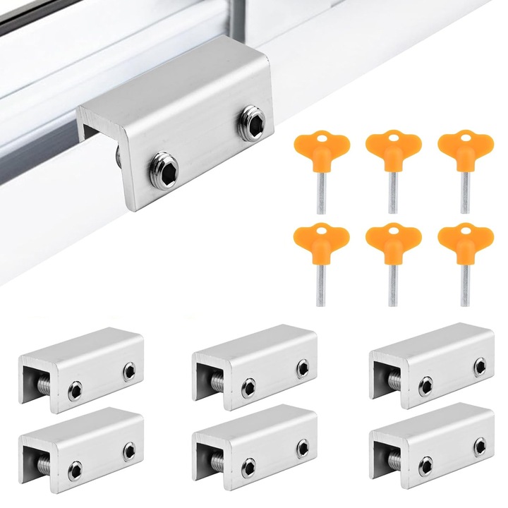 6 db-os tolózár készlet, Axroad Mall, Ablakbiztonsági zár, Kulcsokkal, Kopás- és korrózióálló, Fúrás és ragasztás nélkül, Könnyű telepítés, Alumínium, 24*24*60mm, Ezüst