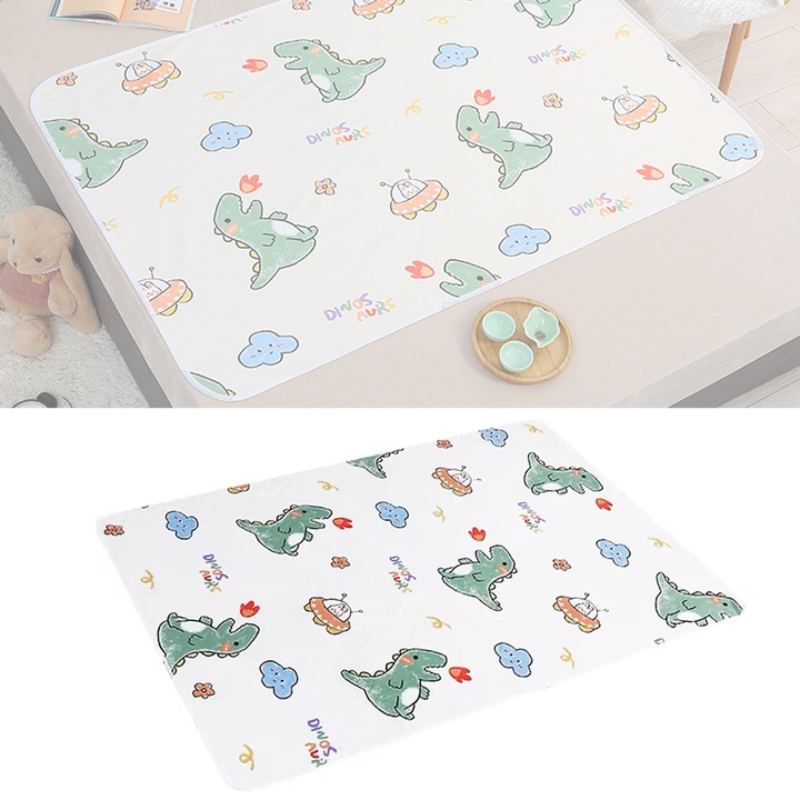 Aleza Impermeabila Mare pentru Copii, SINBINTA, Absorbanta si lavabila, Refolosibila, Anti-alunecare si fara contractie, Disponibil fata-verso, Pentru schimbat scutecul bebelusului, Bumbac, 70x120cm, Dinozauri