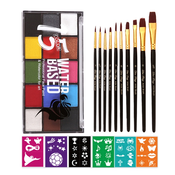 Комплект бои за лице и тяло, Axroad Mall, 15 живи цвята, четка, за чувствителна кожа, лесни за нанасяне и премахване, деликатна текстура, употреба за Хелоуин, косплей, партита, шаблони за многократна употреба, 14.6*7.3*1.2см, многоцветен