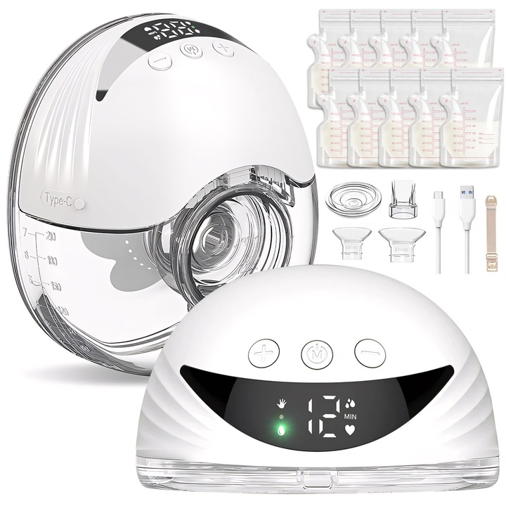 Pompa de San Electrica, Portabila, YeeLei®, Utilizare Fara Maini, Discreta Sub, Sutien, 4 Moduri cu 12 Nivele de Intensitate, 210 ml, Fara fir, Ecran Tactil LED, Alb