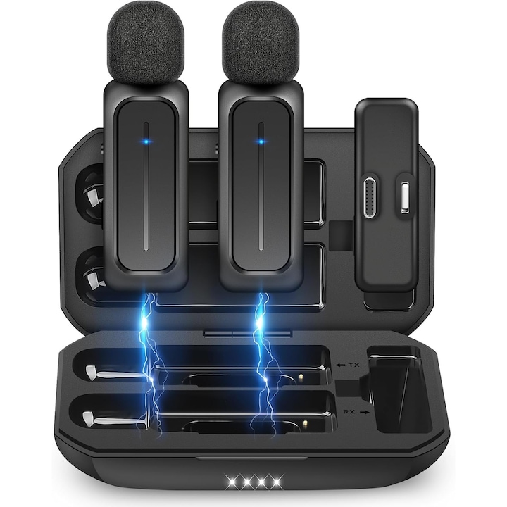 Комплект от 2 Професионални Микрофона Lavalier, MOSMAOO®, с Кутия за Зареждане, Lightning, Type-C, Plug and Play, Обхват 20м, Шумопотискане, За iPhone, iPad, Android, Матово черно