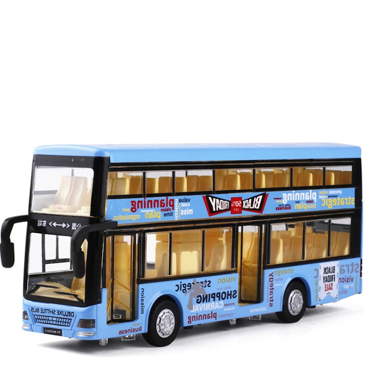 Autobuz-jucarie electric pentru copii, model detaliat 1:32, cu deschidere usi albastru