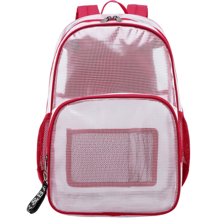Rucsac scolar rezistent, semi transparent, rosu, 30x16x46 cm