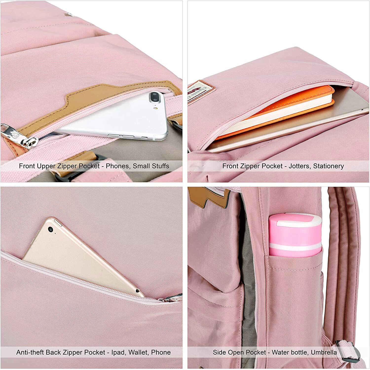 Rucsac laptop 14 inch, rezistent la apa, roz, 30x43x13cm