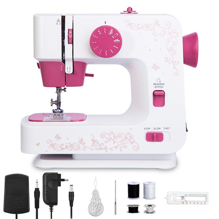 Multifunkcionális elektromos varrógép, Gorielden, Kompakt kialakítás, LED világítás, pedállal, automata szálfeltekercselés, visszavarrással és 12 beépített öltéssel, ABS, tartozékokkal együtt, fehér/rózsaszín