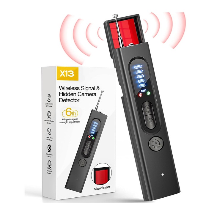 Professzionális kémeszköz-kereső, rejtett kamerákhoz és mikrofonokhoz, GPS-lokátorokhoz, GSM-eszközökhöz, újratölthető, 25 órás akkumulátor-üzemidő, fejlettebb chipek, 6 érzékenységi szint, védi a magánéletet, fekete