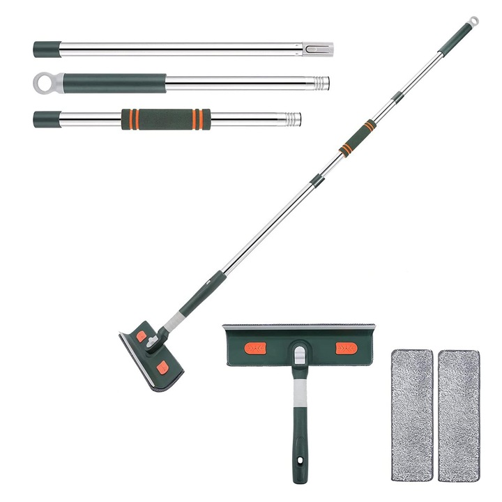 Stergator de geamuri telescopic multifunctional, Axroad Mall, 2 in 1, Ajustabil, 72-172cm, Cu 2 lavete din microfibre, Design ergonomic, Usor de utilizat, Rotativ la 180°, Pentru geamuri, gresie, faianta sau podea, Verde