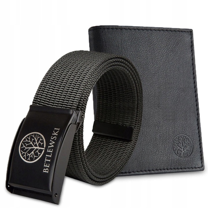 Portofel Betlewski, set cu curea, piele, negru