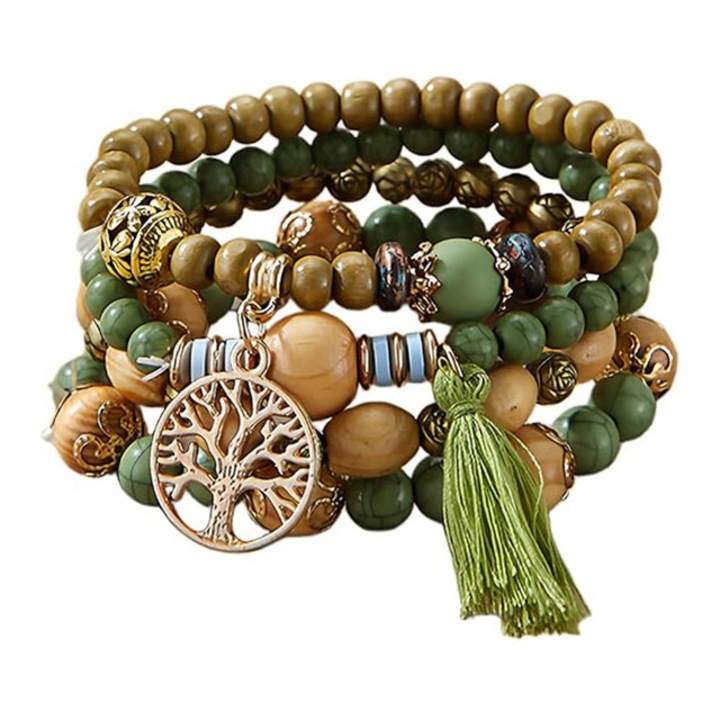 4 db boho karkötő nőknek, rugalmas karkötő, rétegezhető, fémötvözet, Bodhi mag gyöngyök, 6cm, zöld rojtok