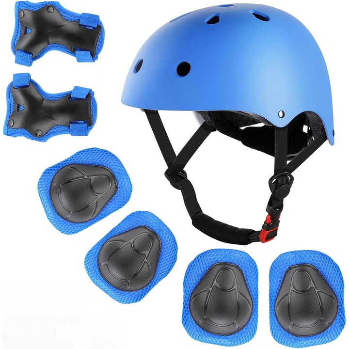 Set 7 protectie pentru copii, Morovan, Protectie Copii pentru Bicicleta cu casca reglabila, cotiere, genunchiere, protectii pentru incheietur, 3-10 ani, albastru