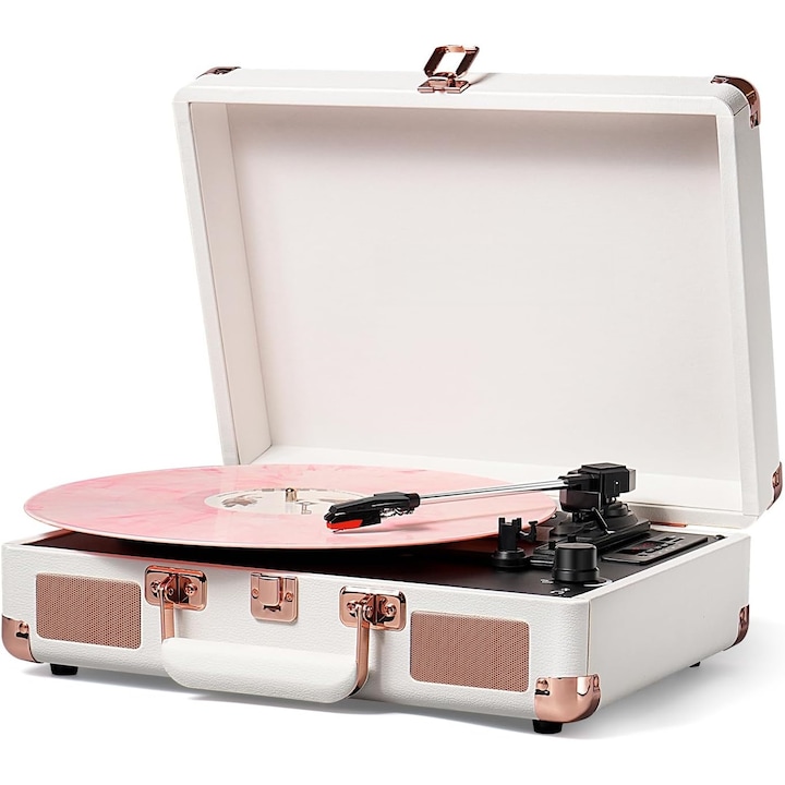 Стерео грамофон Morovan, Полуавтоматичен, Bluetooth, 33/45/78 об/мин, AUX, Съвместим със 7/10/12 инча, Ретро стил, Розово златист