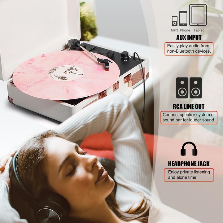 Стерео грамофон Morovan, Полуавтоматичен, Bluetooth, 33/45/78 об/мин, AUX, Съвместим със 7/10/12 инча, Ретро стил, Розово златист