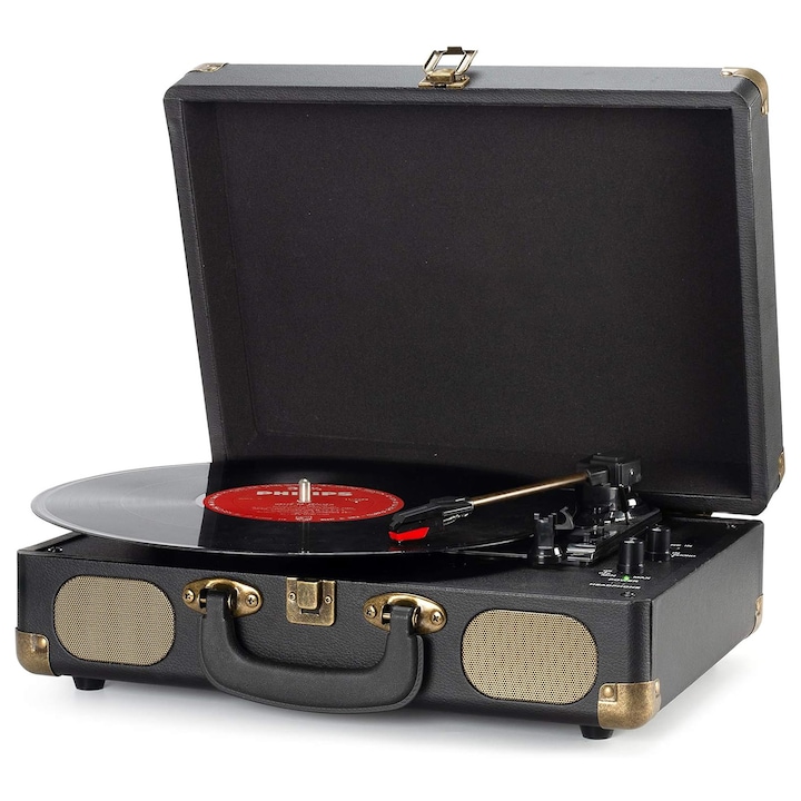 Стерео грамофон Morovan, Полуавтоматичен, Bluetooth, 33/45/78 об/мин, AUX, Съвместим с 7/10/12 инча, Ретро стил, Черен