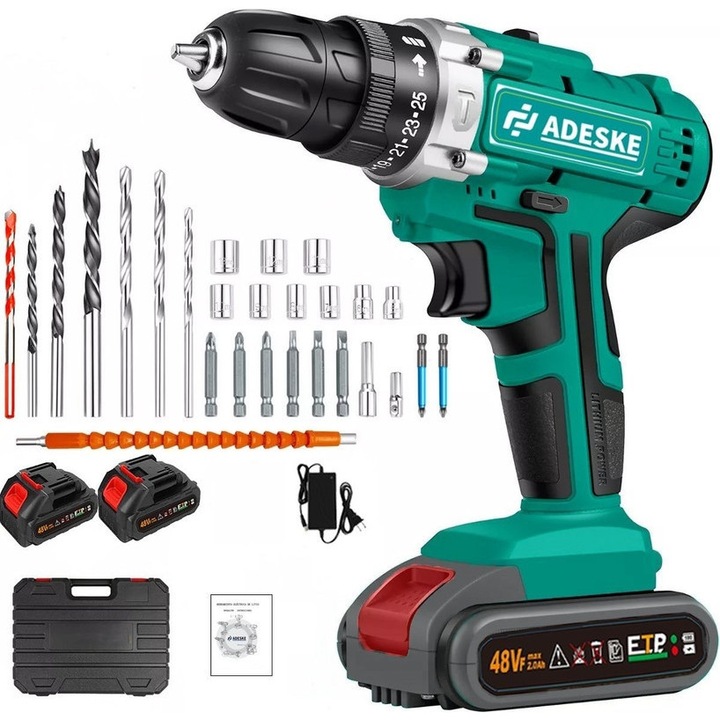 Masina de gaurit si insurubat autofiletanta, Set bormasina cu impact electrica ADESKE fara perii, set complet (3 functii+2 baterii+25 accesorii),25+3 trepte cuplu, LED, design usor, pentru pereti/ceramica/plastic, verde